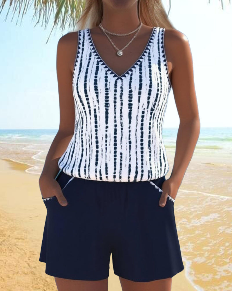 Clara® – Traje de baño casual con bolsillos y escote en V, estampado de dos piezas
