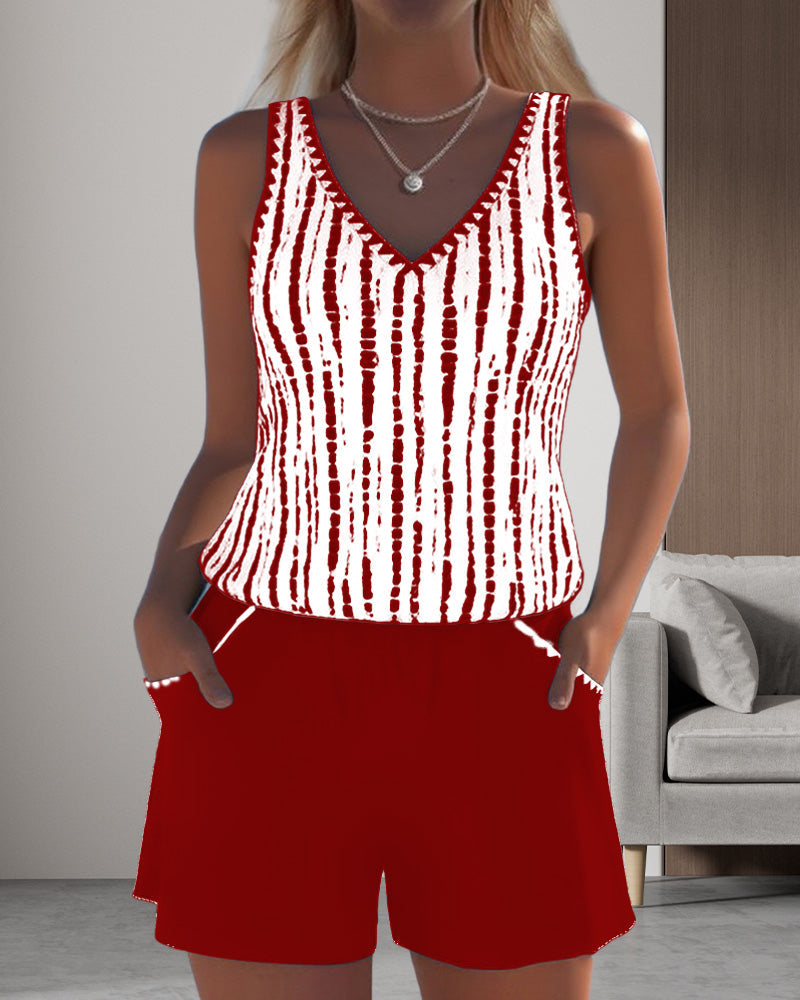 Clara® – Traje de baño casual con bolsillos y escote en V, estampado de dos piezas