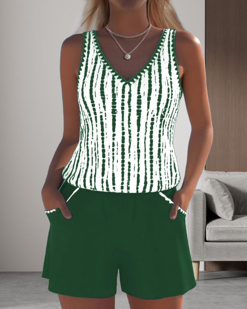 Clara® – Traje de baño casual con bolsillos y escote en V, estampado de dos piezas