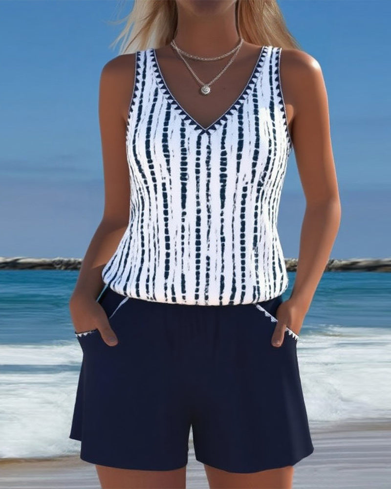 Clara® – Traje de baño casual con bolsillos y escote en V, estampado de dos piezas