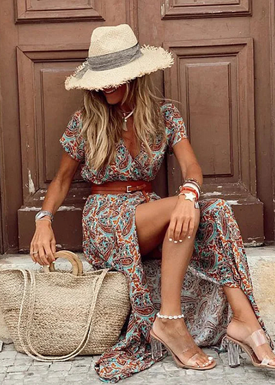Carmen® – Vestido largo bohemio con cintura fruncida
