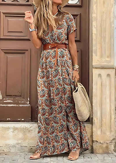 Carmen® – Vestido largo bohemio con cintura fruncida