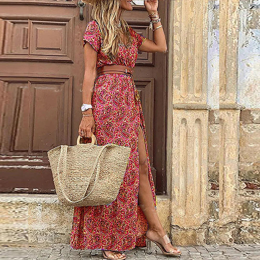 Carmen® – Vestido largo bohemio con cintura fruncida